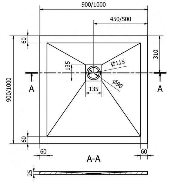 Mexen Stone+ kompozitný štvorcový sprchový kút 90 x 90 cm, biely, krytka zlatá - 44109090-G