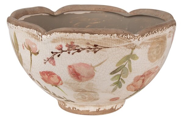 Béžový keramický obal na kvetináč s ružovými kvetmi Olia M - Ø 21*12 cm - Clayre & Eef