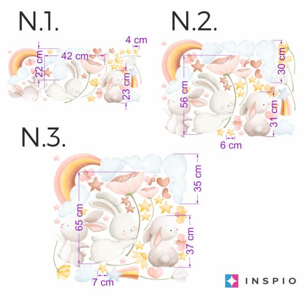 INSPIO-textilná prelepiteľná nálepka - Nálepka na stenu - Zajkovia s kvetmi a dúhou