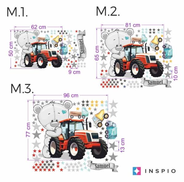 INSPIO-textilná prelepiteľná nálepka - Nálepky na stenu pre chlapcov - Medveď s traktorom