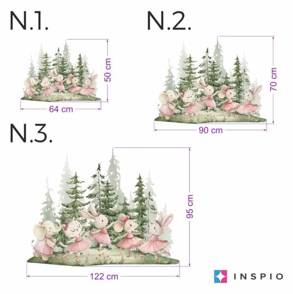 INSPIO-textilná prelepiteľná nálepka - Nálepka na stenu do detskej izby - Ružové baletky v lese, krásne zajačiky