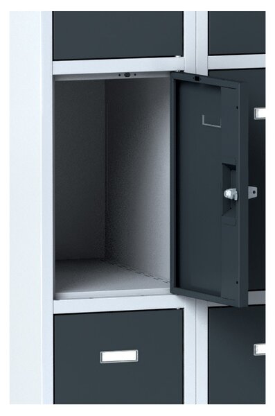 Šatníková skrinka S6 na sokli s úložnými boxami, 12 boxov, 1920 x 900 x 500 mm, cylindrický zámok, sivé dvere