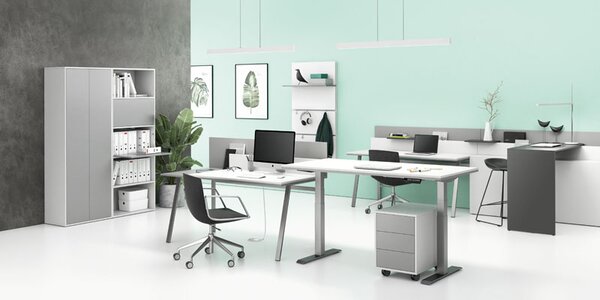 Výškovo nastaviteľný stôl SINGLE LAYERS, 160x80 cm, 2 motory, s prepážkami, biela/sivá