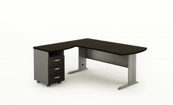 Rohový písací stôl BERN s kontajnerom - dĺžka 1400 mm, kovová podnož, wenge