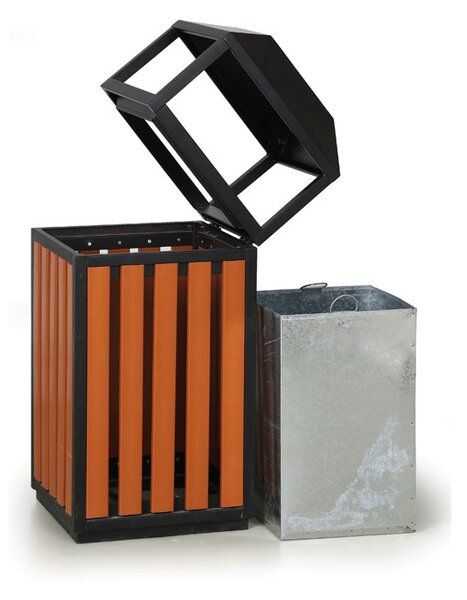 Vonkajší odpadkový kôš s popolníkom, 400 x 400 x 950 mm, čierna / dezén dreva