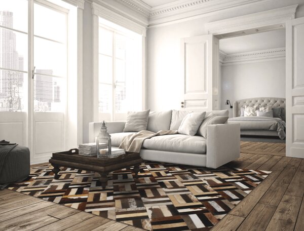 KONDELA Luxusný kožený koberec, hnedá/čierna/béžová, patchwork, 70x140 , KOŽA TYP 2