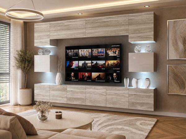 Obývacia stena 300 cm Belini šedý antracit Glamour Wood / biely lesk Imperium3