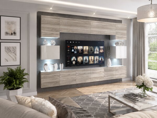 Obývacia stena 300 cm Belini šedý antracit Glamour Wood / biely lesk Imperium3