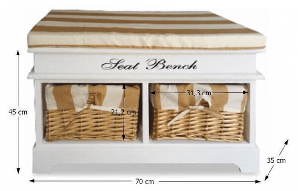KONDELA Lavica s vankúšom, 2 košíky, biela/medová/vzor, SEAT BENCH 4
