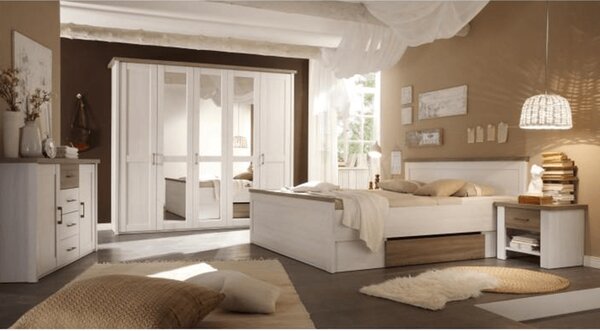 KONDELA Spálňový komplet (posteľ, 2 nočné stolíky, skriňa), pínia biela/dub sonoma truflový, LUMERA