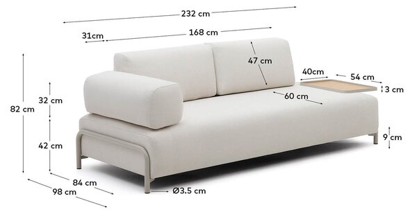 MUZZA Trojmiestna pohovka compo 232 cm s veľkou táckou biela