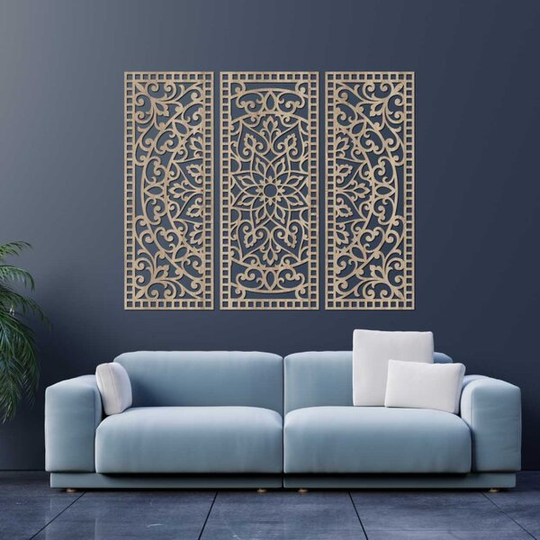 Kvetinová mandala z dreva – boho 3‑dielny oibraz na stenu | SENTOP HDF0514-A-akcia20