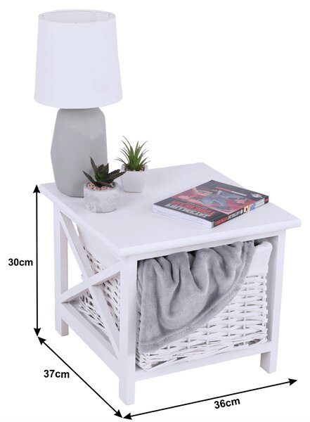 KONDELA Nočný stolík, drevo/prútie/látka, biela, RAFAELLO