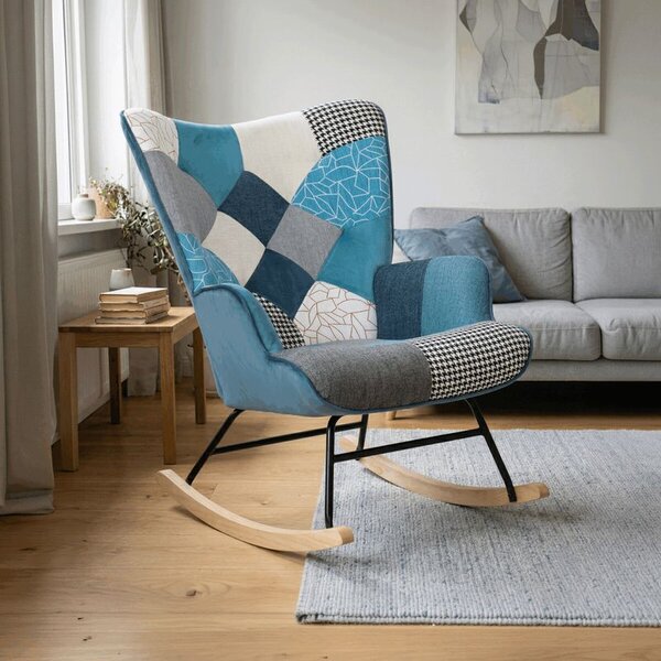AK-374 PWBL2, Luxusné hojdacie kreslo, modré s patchwork dizajnom