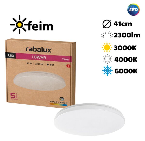 RABALUX 77135 Lowar vonkajšie stropné svietidlo D410mm LED 36W/2300lm 3000+4000+6000K IP44 biela