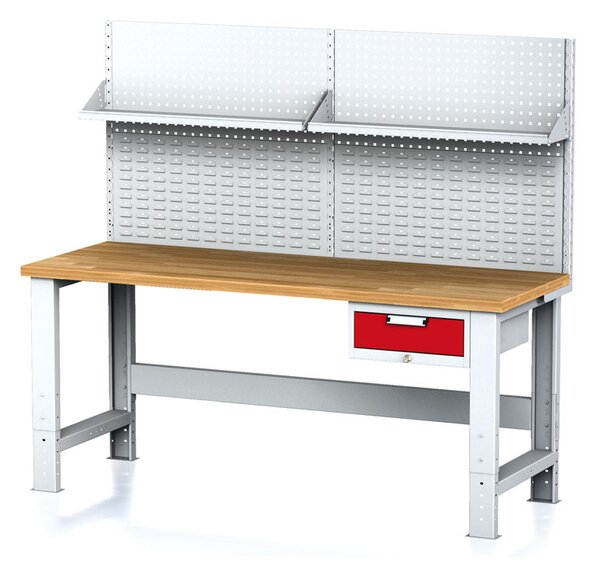 Alfa 3 Dielenský stôl MECHANIC s nadstavbou a policou, 2000x700x700-1055 mm, nastaviteľné podnožie, 1x 1 zásuvkový kontejner, sivý/červený