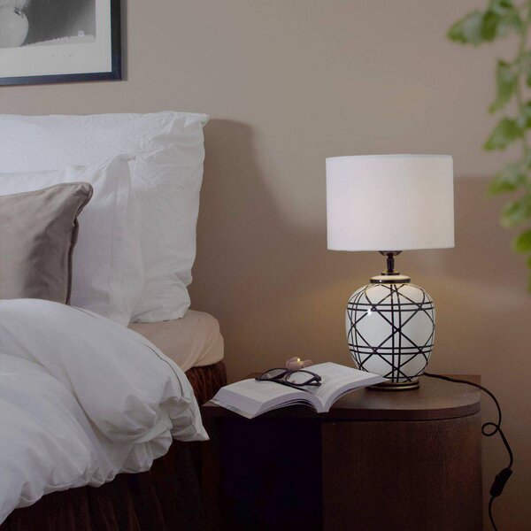 PR Home stolová lampa New York, biela, výška 46 cm, keramika, Biela / opálová, Obývacia izba / jedáleň, Textil / látka / hodváb, Stojacie svietidlo