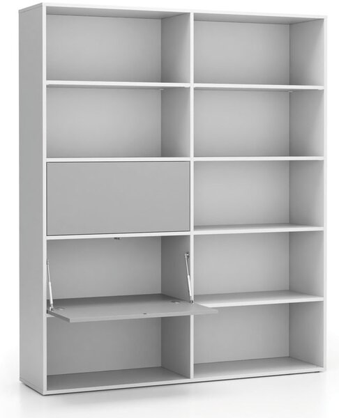 Široký kancelársky policový regál LAYERS, 2 boxy, 1582 x 400 x 1905, biela / sivá