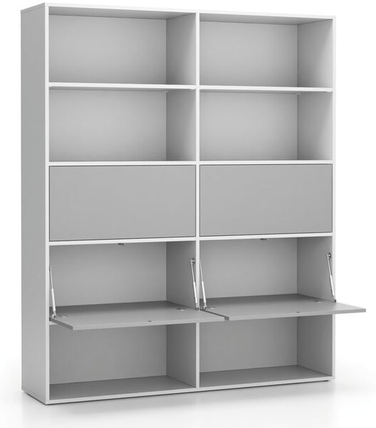 Široký kancelársky policový regál LAYERS, 4 boxy, 1582 x 400 x 1905, biela / sivá