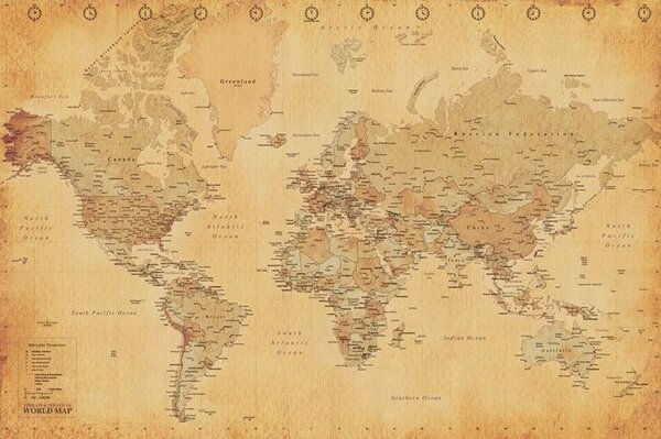Plagát, Obraz - Starožitná mapa sveta