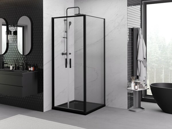 Mexen Exo, výklopná sprchová kabína, dvere 110 cm + bočná stena 110 cm, transparentné sklo, čierna, 814-110-110-70-00