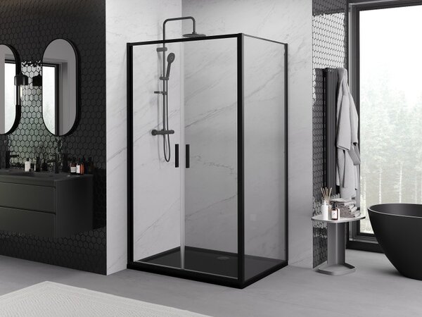 Mexen Exo, výklopná sprchová kabína, dvere 110 cm + bočná stena 75 cm, transparentné sklo, čierna, 814-110-075-70-00