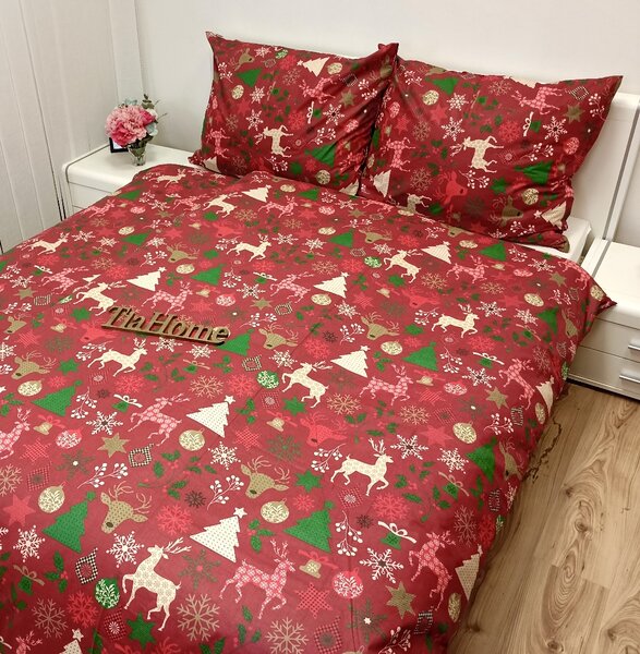 Obliečky bavlnené Vianočné obliečky Sviatočný mix červený TiaHome - 1x Vankúš 90x70cm, 1x Paplón 140x200cm