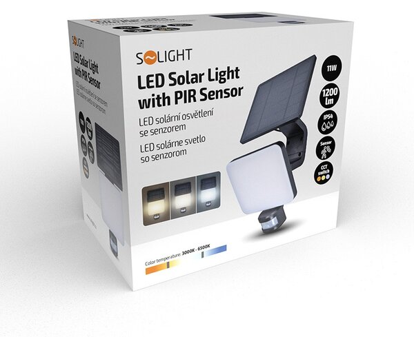 SOLIGHT LED solárne osvetlenie so senzorom 11W, 1200lm, 3 CCT, Li-Ion, čierna