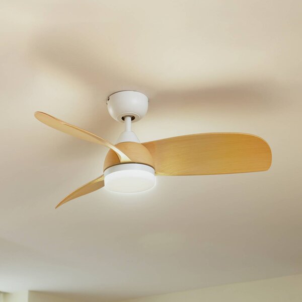 Stropný ventilátor Lindby LED Enon, biela/drevená farba, DC, tichý, Biela / opálová, Obývacia izba / jedáleň, kov, Moderný