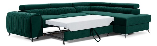 Zelená zamatová rozkladacia/s úložným priestorom rohová pohovka (pravý roh/do L) Laurence – ELTAP