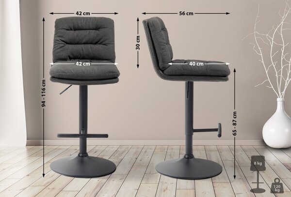 2x Barová stolička Damar - látka, čierny rám - tmavo šedá