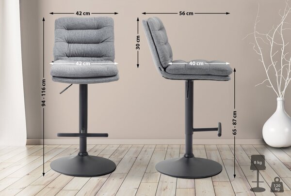 2x Barová stolička Damar - látka, čierny rám - šedá