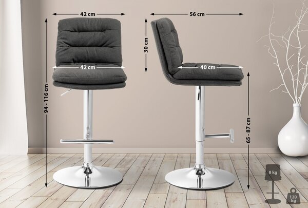 2x Barová stolička Damar - látka, chróm rám - tmavo šedá