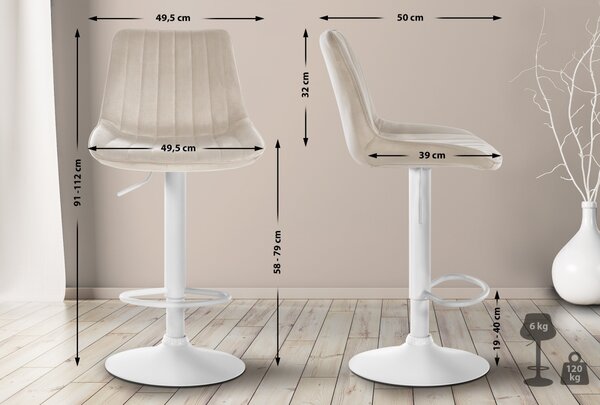 2x Barová stolička Toni - zamat, biely rám Krémová