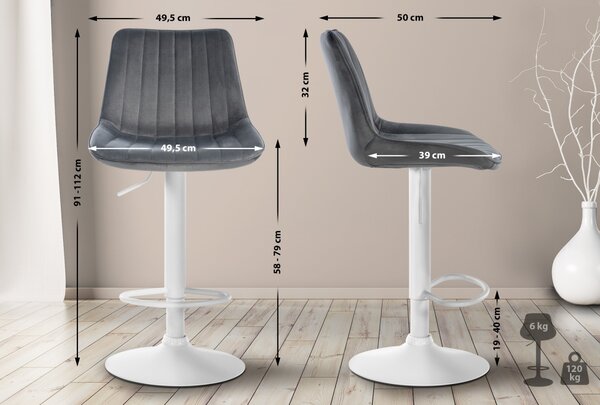 2x Barová stolička Toni - zamat, biely rám Tmavo sivá