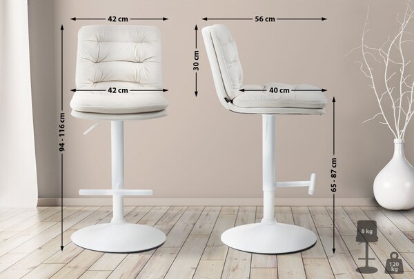 2x Barová stolička Damar - zamat, biely rám - cream