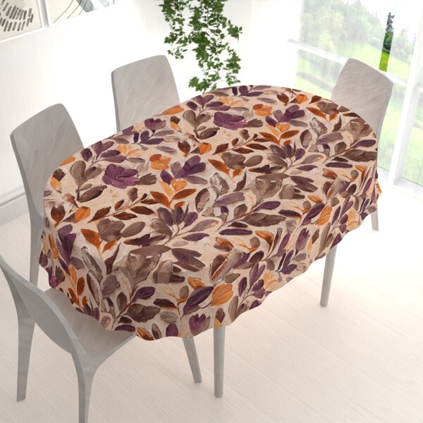 Biante Bavlnený oválny obrus Sandra SA-802 Maľované hnedo-fialovo-oranžové kvety a listy na béžovom 50x100 cm