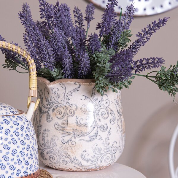 Keramický obal na kvetináč s ornamentami - Ø 15*14 cm - Clayre & Eef