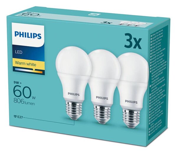 Sada 3x LED Žiarovka Philips E27/9W/230V 2700K
