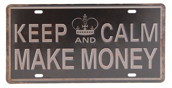 Hnedo čierna kovová ceduľa MAKE MONEY s odieraním a patinou- 30 * 15 cm - Clayre & Eef