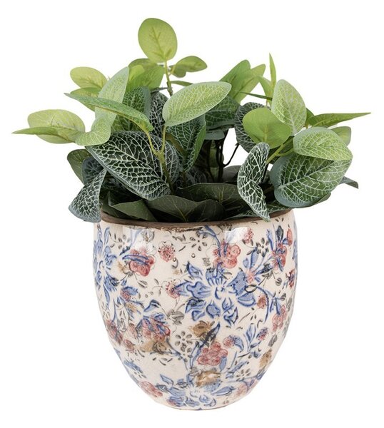 Okrasný kvetináč s modrými kvetmi - Ø 13 * 11 cm - Clayre & Eef