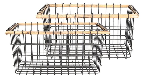 Sada 2 drôtených košíkov s dreveným okrajom - 39 * 31 * 18/32 * 25 * 16 cm - Clayre & Eef