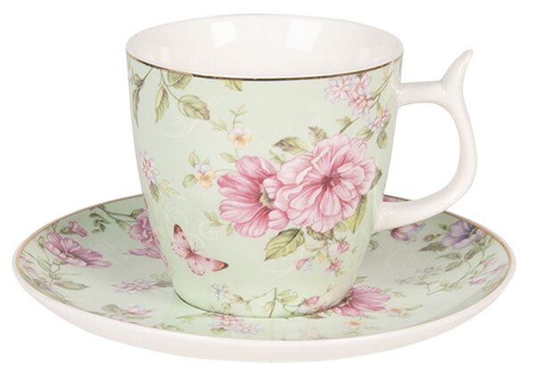 Zelený kvetovaný šálka s tanierikom Garden - Ø 13 * 2 / Ø 7 * 7 cm / 0,16L - Clayre & Eef