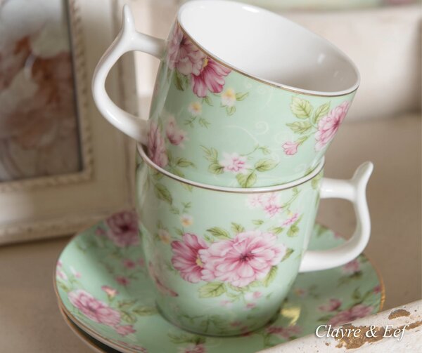 Zelený kvetovaný šálka s tanierikom Garden - Ø 13 * 2 / Ø 7 * 7 cm / 0,16L - Clayre & Eef