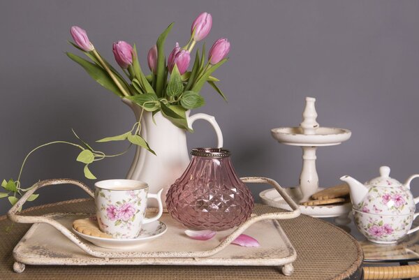 Biely kvetovaný šálka s tanierikom Garden II - Ø 13 * 2 / Ø 7 * 7 cm / 0,16L - Clayre & Eef