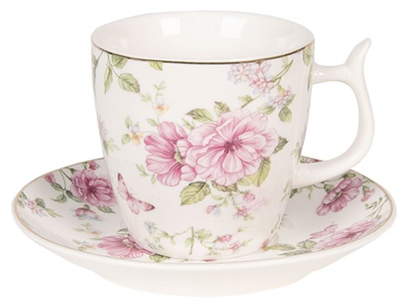 Biely kvetovaný šálka s tanierikom Garden II - Ø 13 * 2 / Ø 7 * 7 cm / 0,16L - Clayre & Eef