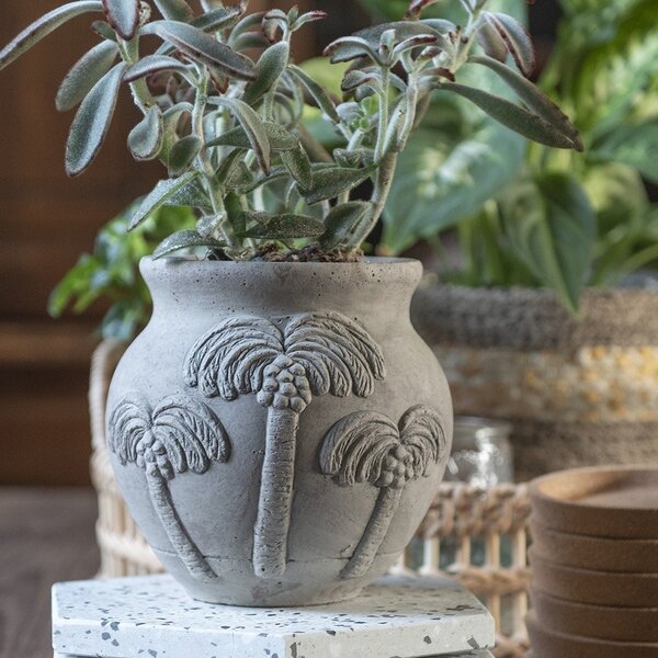 Sivý cementový kvetináč Palmy - Ø 15*14 cm - Clayre & Eef
