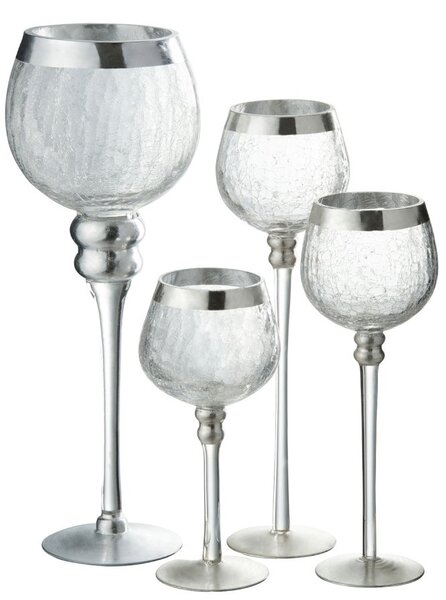 Sklenený svietnik na nohe s popraskaním Silver - Ø 9*30cm - J-Line by Jolipa