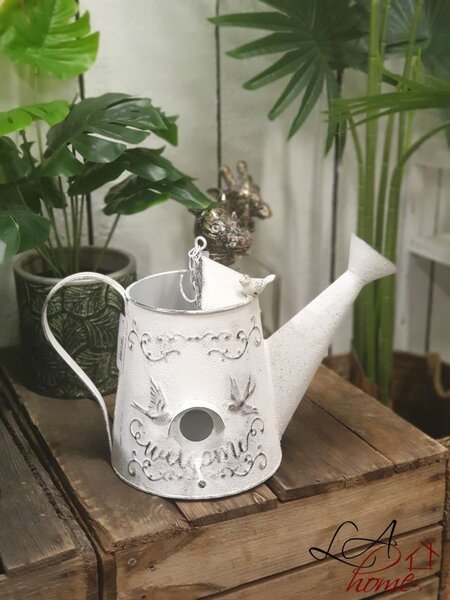 Biela dekoračné vtáčia búdka v tvare kanvy - 37 * 21 * 23 cm - Clayre & Eef
