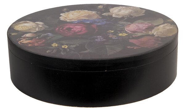 Čierny drevený úložný box s ružami - Ø 25 * 7 cm - Clayre & Eef